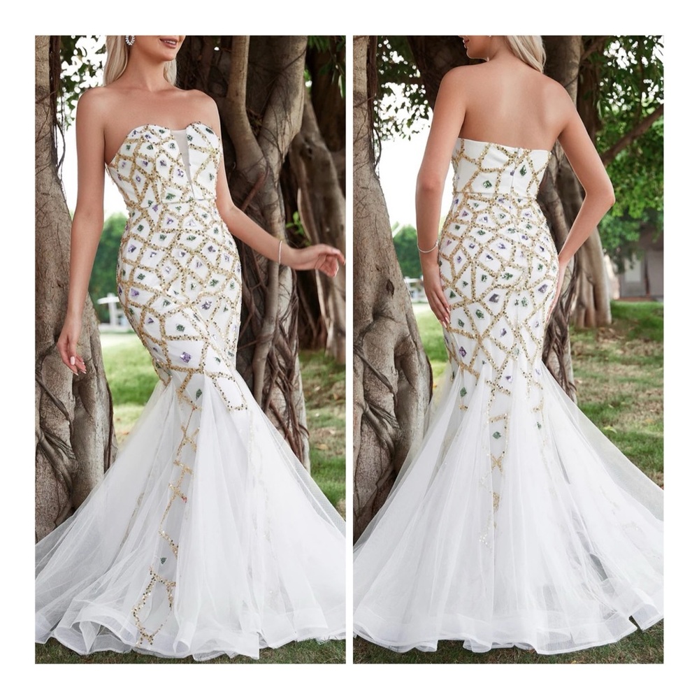 Faeriesty White Sequin Mermaid Hem Women’s Wedding Dress Size Large NWT